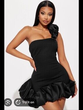 Daisy Black One-Shoulder Ruffle Hem Mini Dress